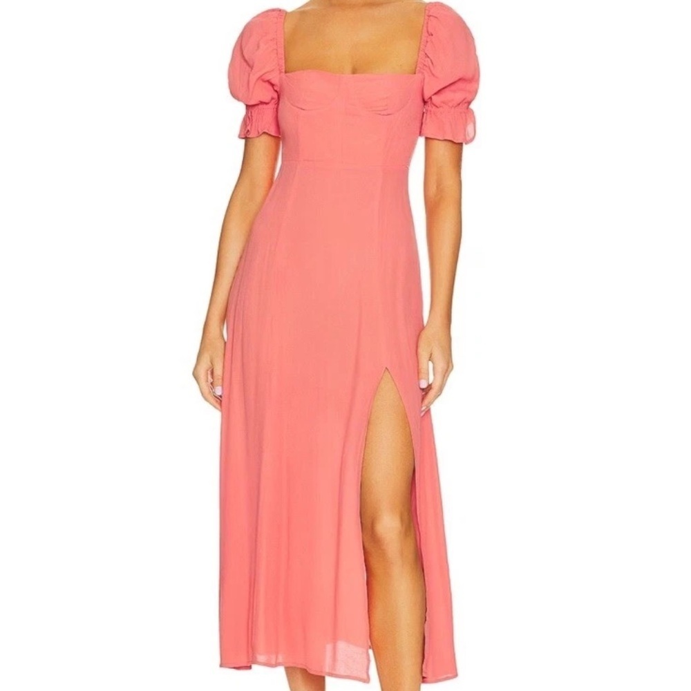 WeWoreWhat Puff Sleeve Midi Dress Coral Orange Pink